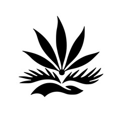Minimalist Cannabis Leaf Symbol, Hands Holding, Black and White Vector