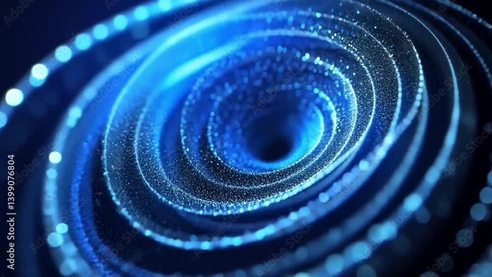 Poster mesmerizing abstract design blue vortex of shimmering particles swirling in depth and movement, evok