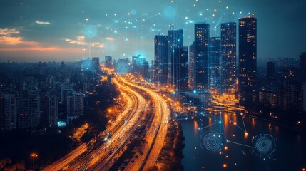 Obraz premium A breathtaking city skyline illuminated by city lights, overlaid with a vibrant digital network display, symbolizing the fusion of technology and modern urban life in a stunning evening view.