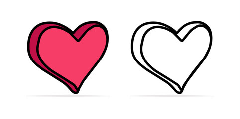 Red or pink filled heart with a black outline. White heart with a black outline. Suitble for greeting cards, invitations materials
