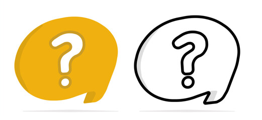 Yellow filled speech bubble containing a question mark.  Outline version of speech bubble with a question mark inside rendered in black and white line art