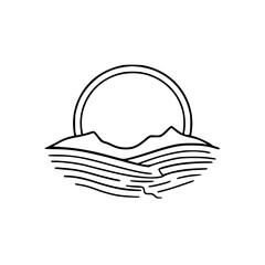 Simple Line Art Landscape: Mountains, Sun, and Water. Minimalist Design.