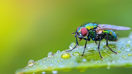 Vibrant fly on a dewy leaf. AI.