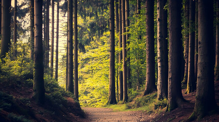 Fototapeta premium Sunlit forest path, trees, nature, hiking trail, serene woods, peaceful background, ideal for travel, nature, and relaxation