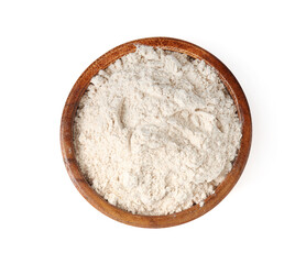 Brown rice flour in bowl isolated on white, top view