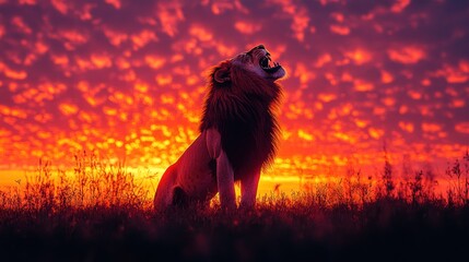 Majestic Lion Roaring at Sunset in African Savanna