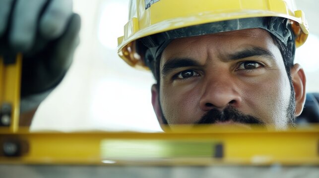 A Hispanic construction worker wearing a helmet and using a level tool. Featuring precision and accuracy