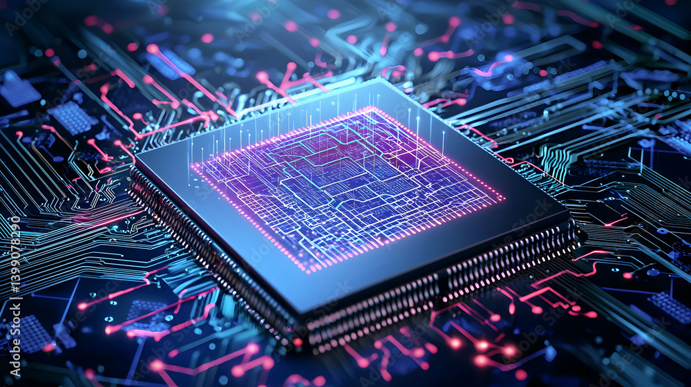 Aufkleber close up view of glowing processor chip on circuit board