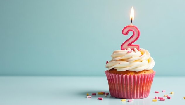Birthday cupcake with number two candle on white, minimalistic background, festive, party, celebration