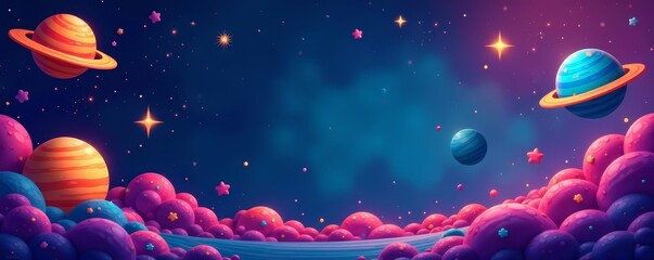 Fototapeta premium Cute space backdrop with whimsical planets and stars, vibrant, childish, sky