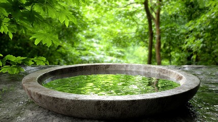 Fototapeta premium Tranquil stone basin reflects lush greenery