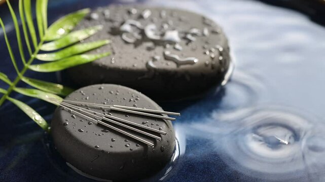 Water dripping onto acupuncture needles, spa stones and leaves on blue tray