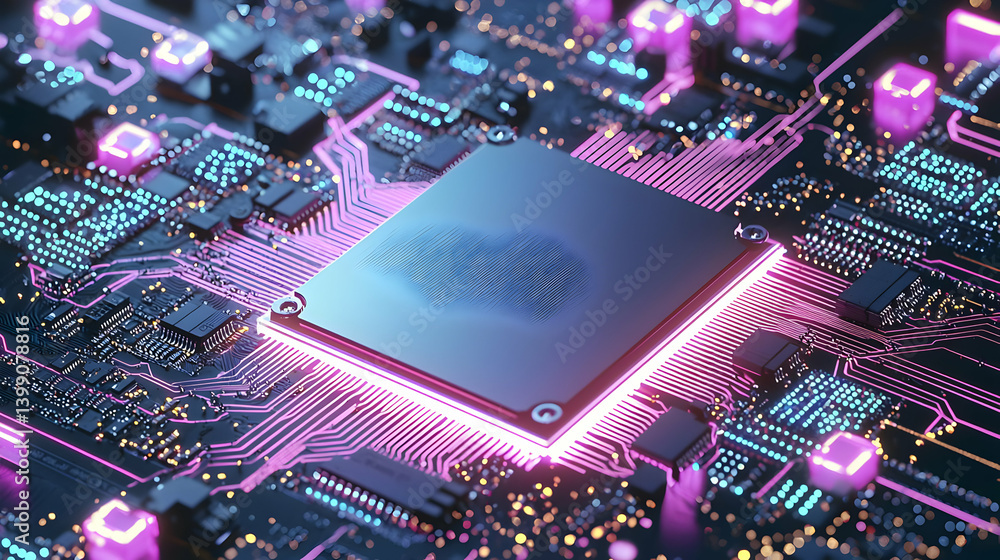 Poster close up view of glowing circuit board with processor