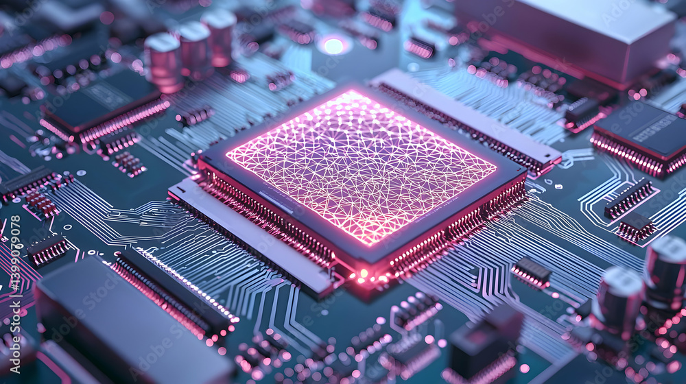 Poster closeup of glowing microchip on circuit board