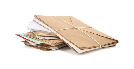 Stack of different paper envelopes on white background. Post office