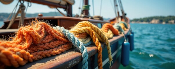 Distressed wooden fishing nets hung on old sailboat's rail, wood, dock