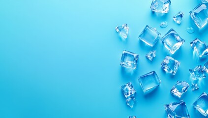 Icy cubes scattered on a vibrant blue surface
