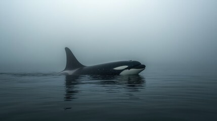 Naklejka premium Orca in the Misty Ocean: A Moment of Serenity