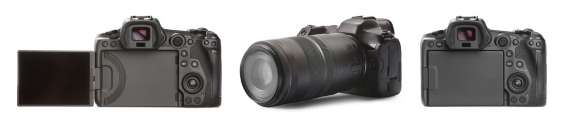 Photo camera isolated on white, collage. View from different sides