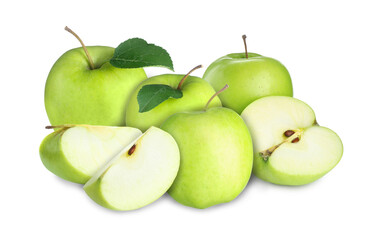 Fresh juicy green apples isolated on white. Whole and sliced