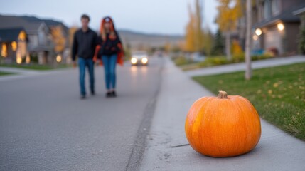 Halloween scene with a pumpkin and a couple walking along a suburban street at dusk.