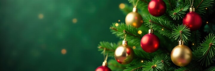 Fototapeta premium Green Christmas tree decorated with red and gold ornaments, christmas tree, green