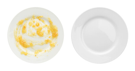 Dirty plate and clean one isolated on white, top view