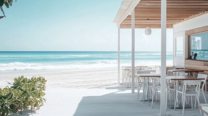 Fototapeta premium Beachfront Restaurant Serenity: White Sands and Azure Waters