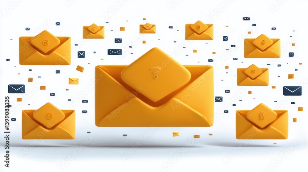 Poster digital communication: a 3d render of flying envelopes representing secure email and social media me