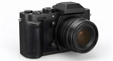 Fototapeta premium Sleek professional digital mirrorless camera in minimalist matte black design