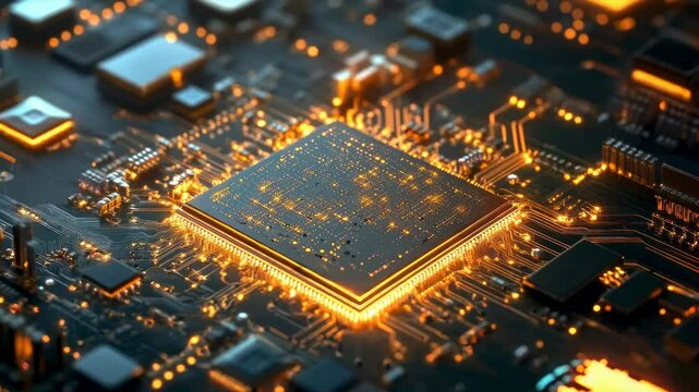 Close-up, high-angle view of a glowing microchip on a circuit board, showcasing futuristic technology in a cinematic video style.