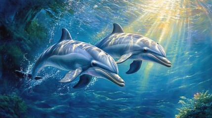 Obraz premium Radiant Dolphins: A Symphony of Sunlight and Ocean