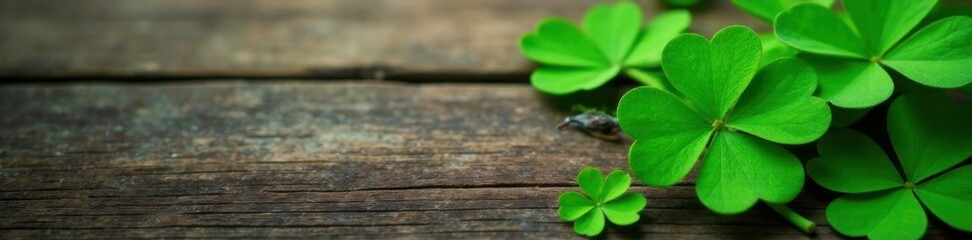 Emerald green four-leafed clover on a rustic wooden background, foliage, green, leaf