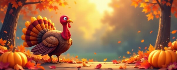 Happy Thanksgiving scene with cartoon turkey surrounded by colorful autumn leaves and pumpkins, festive, leaf