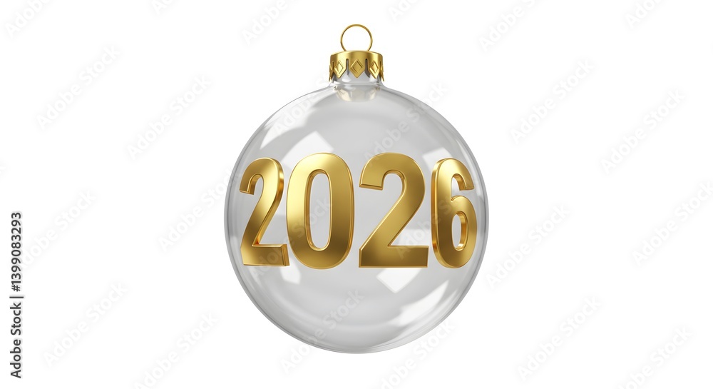 Poster elegant translucent bauble displaying the year 2026 in golden numbers