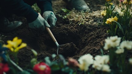 Naklejka premium A landscaper planting flowers in a garden bed. Featuring care and attention to detail