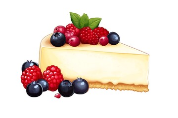 Delicious cheesecake slice with fresh berries and mint on a bright white background