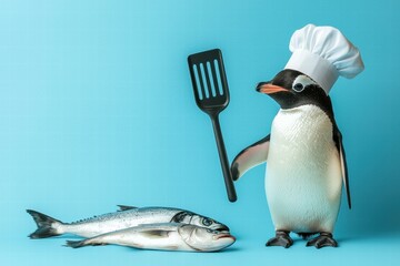 Fototapeta premium Penguin chef preparing fish. AI.