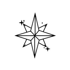 Minimalist Star Compass Icon: Black Lines & Stars on White