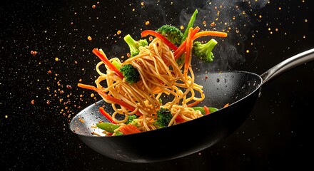 Action shot of noodles being tossed in a pan with sauce and vegetables, steam and splashes captured mid-air