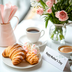 A Mother's Day breakfast table with coffee, pastries, and flowers, set in a light and airy ambiance for a special celebration.
