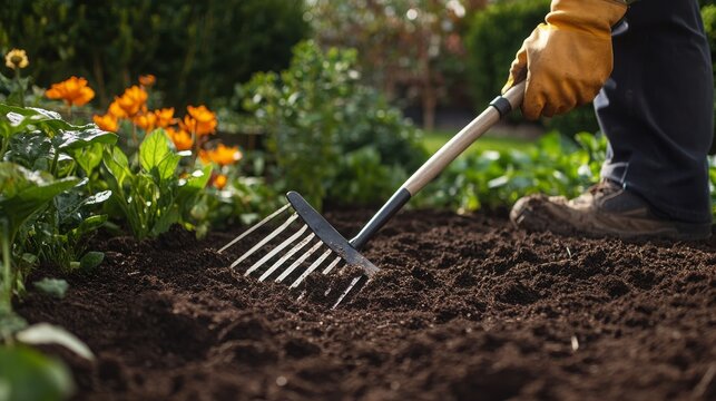 A landscaper using a rake to level soil in a garden bed. Featuring attention to detail and care