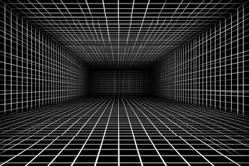 3D grid room with black and white lines creating a mesmerizing optical illusion of depth and space.