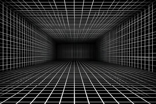 3D grid room with black and white lines creating a mesmerizing optical illusion of depth and space.