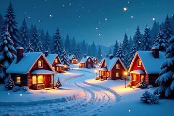 Festive Christmas village scene with snow-covered houses, trees, and festive lights , festive, lights