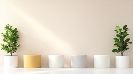 Minimalist, sunlit interior with potted plants