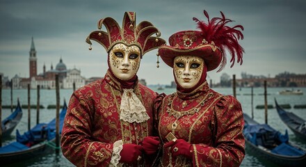 People in Venetian carnival costumes and masks celebrating the vibrant Venice Festival with its rich traditions and dramatic flair