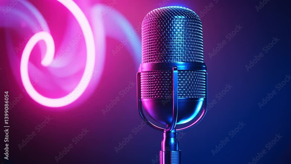Poster colorful vintage microphone performance artistic sound studio with neon lights creating dynamic atmo