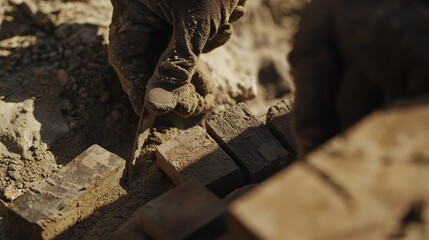 A mason laying bricks at a construction site. Featuring precision and craftsmanship