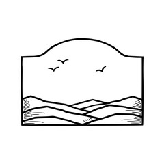 Hand-drawn landscape with birds in flight, nature illustration